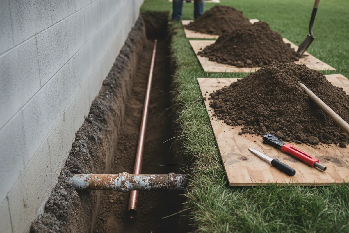 Excavated water line trench during Water Heater Repair in Burkettsville